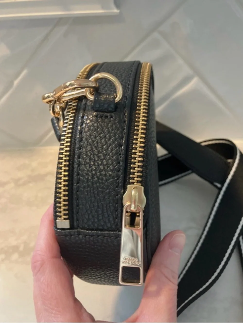 Marc Jacobs Black Pebbled Leather Oval Crossbody with Striped Strap - Picture 6 of 15